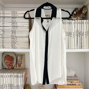 Silk cocktail LEAM Sleeveless Blouse Tank sheer Top black trim shirt business M